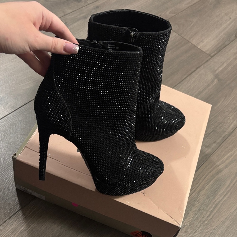 Thalia Sodi Black Rhinestone Heeled Boots